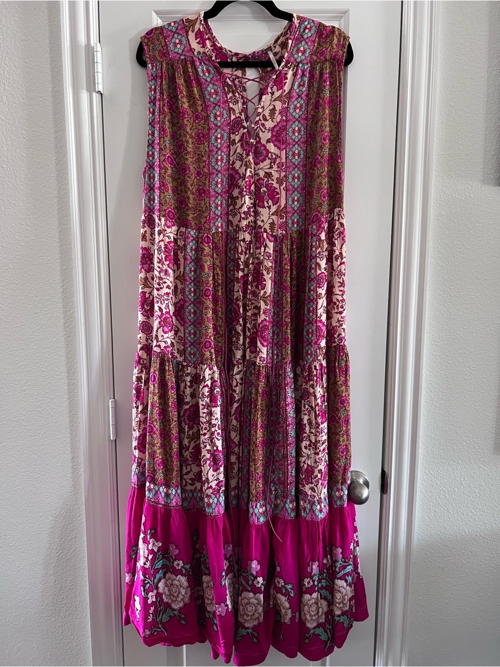 Boho Floral Tiered Maxi Dress in Magenta Pink